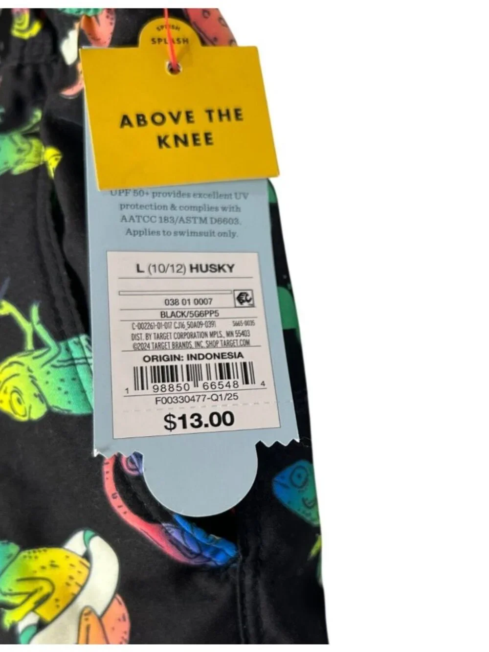 NWT Boys L 10/12 Husky Black Chameleon Print Swim Trunks UPF 50+ Above The Knee